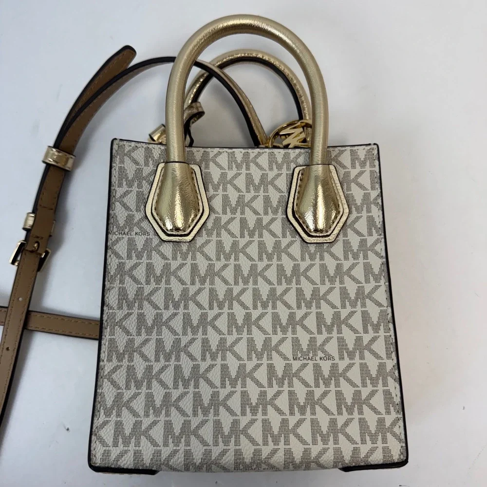 Michael Kors Mercer XS North South Shopper Crossbody Bag Vanilla Gold Logo